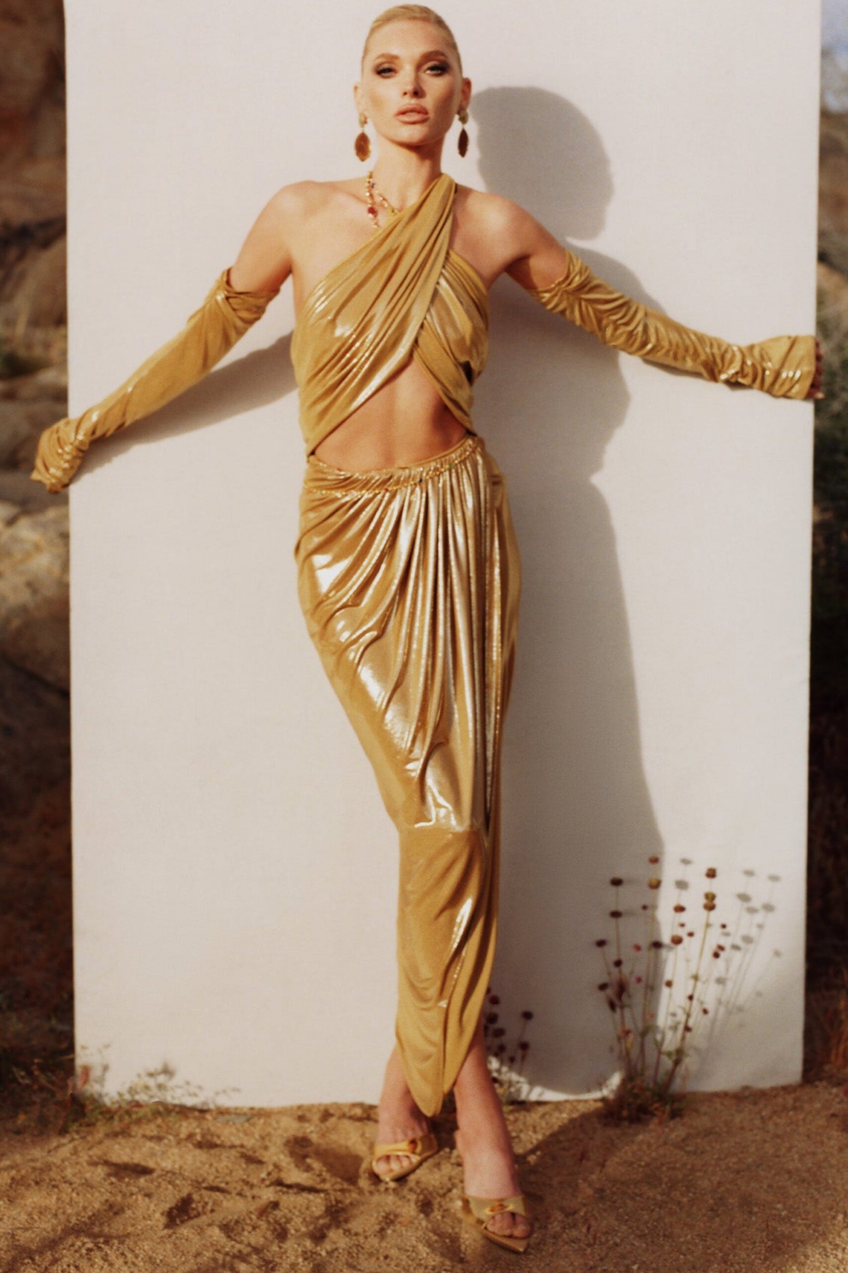 GOLD RUCHED LEATHER MIDI DRESS PARTY