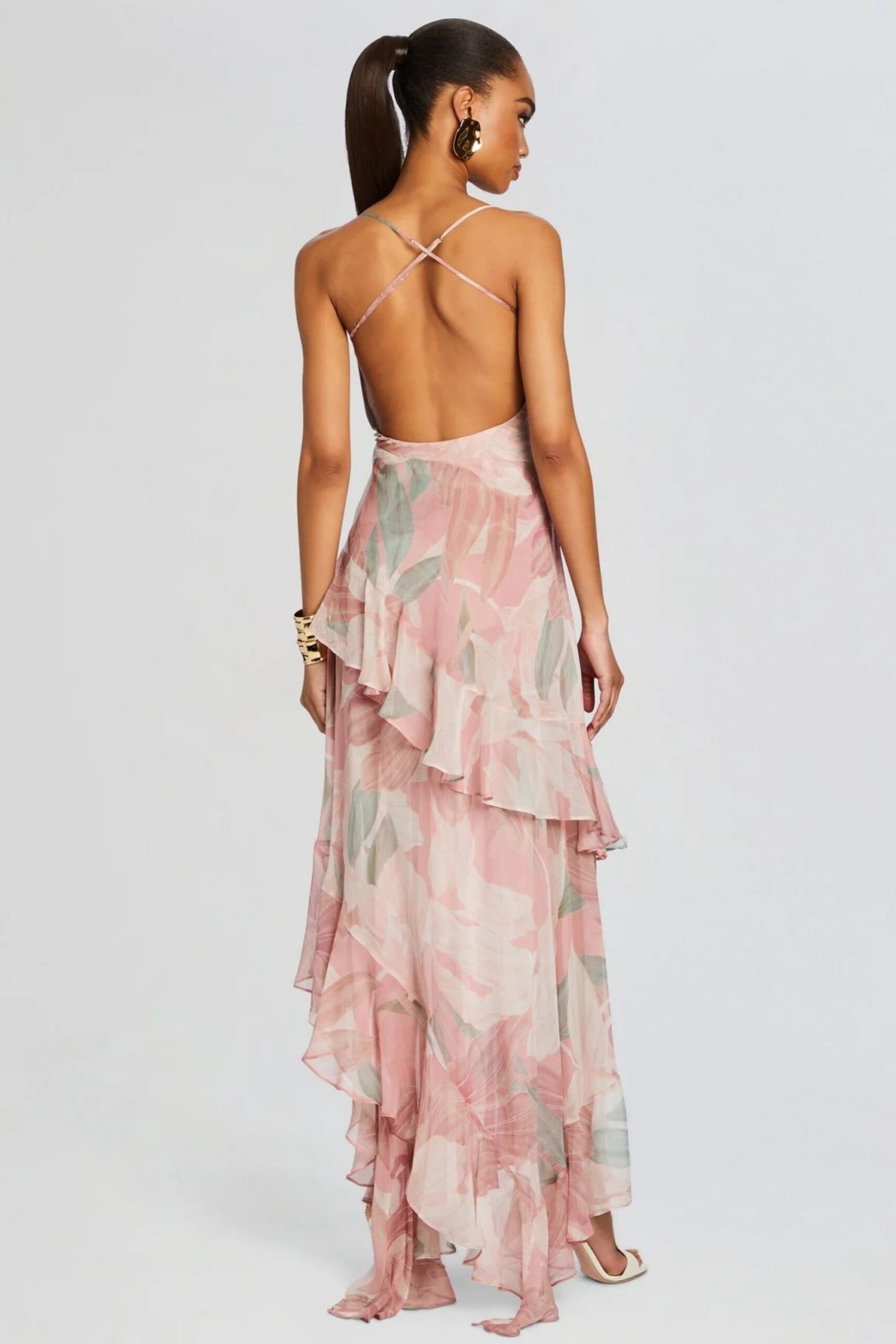 RUFFLE FLORAL BACKLESS MAXI DRESS, PINK