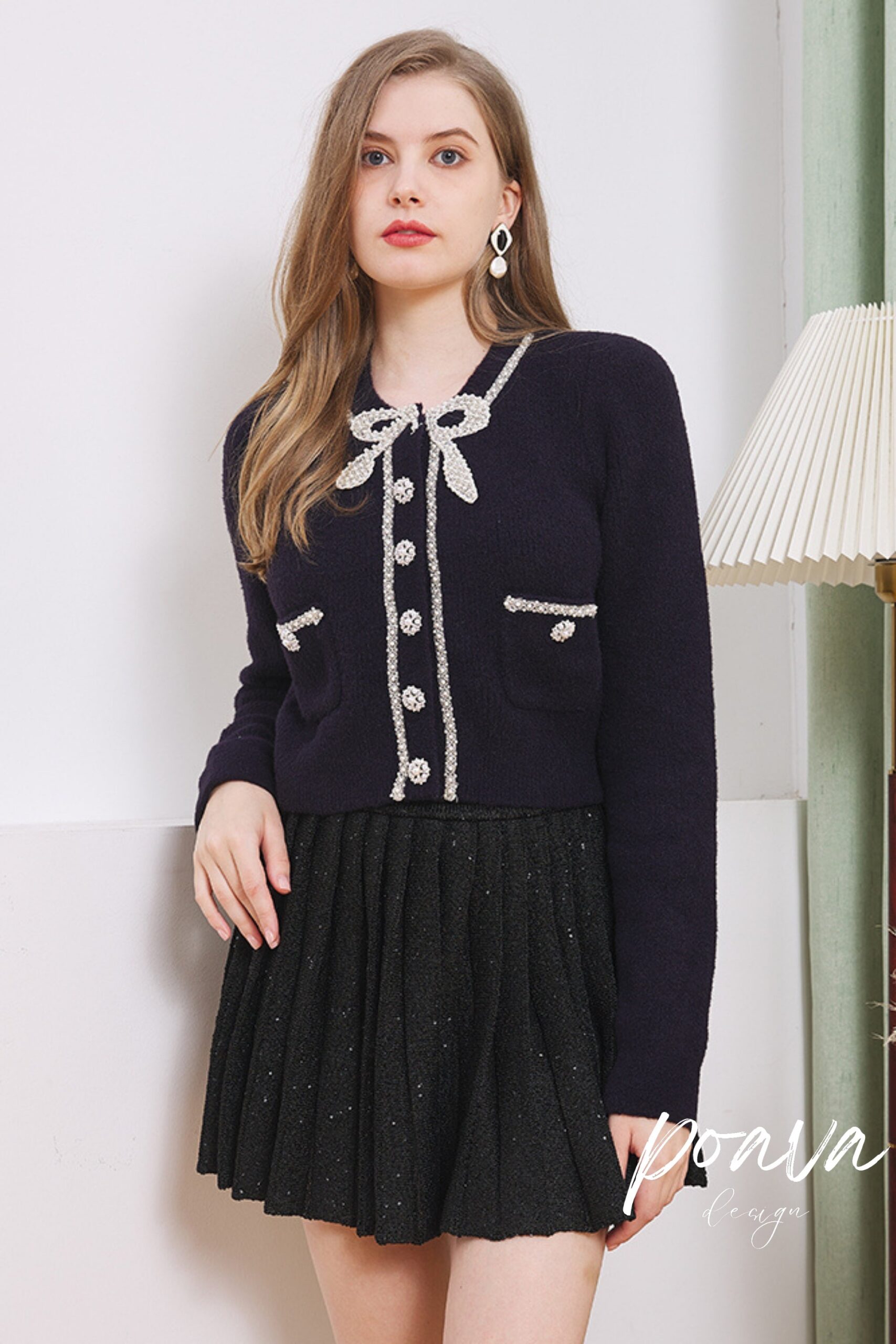 PEARL EMBELLISHED NAVY COAT, ELEGANT EVENING