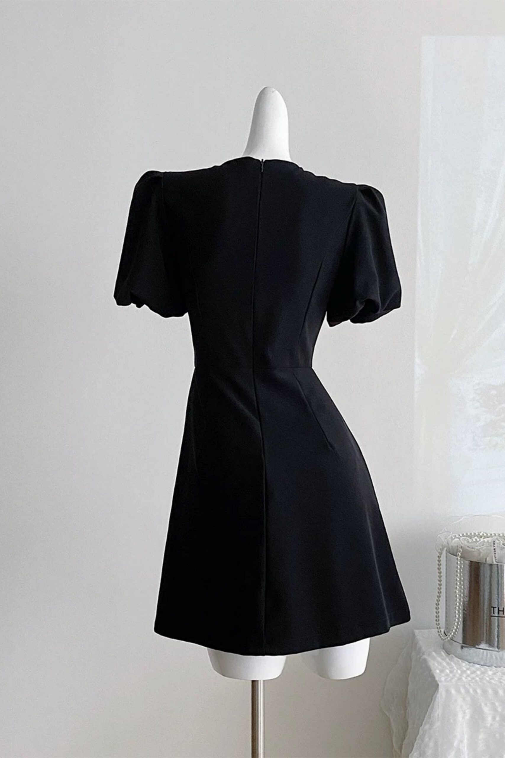 VANESSA BOW PUFF SLEEVE MINI BLACK COCKTAIL DRESS