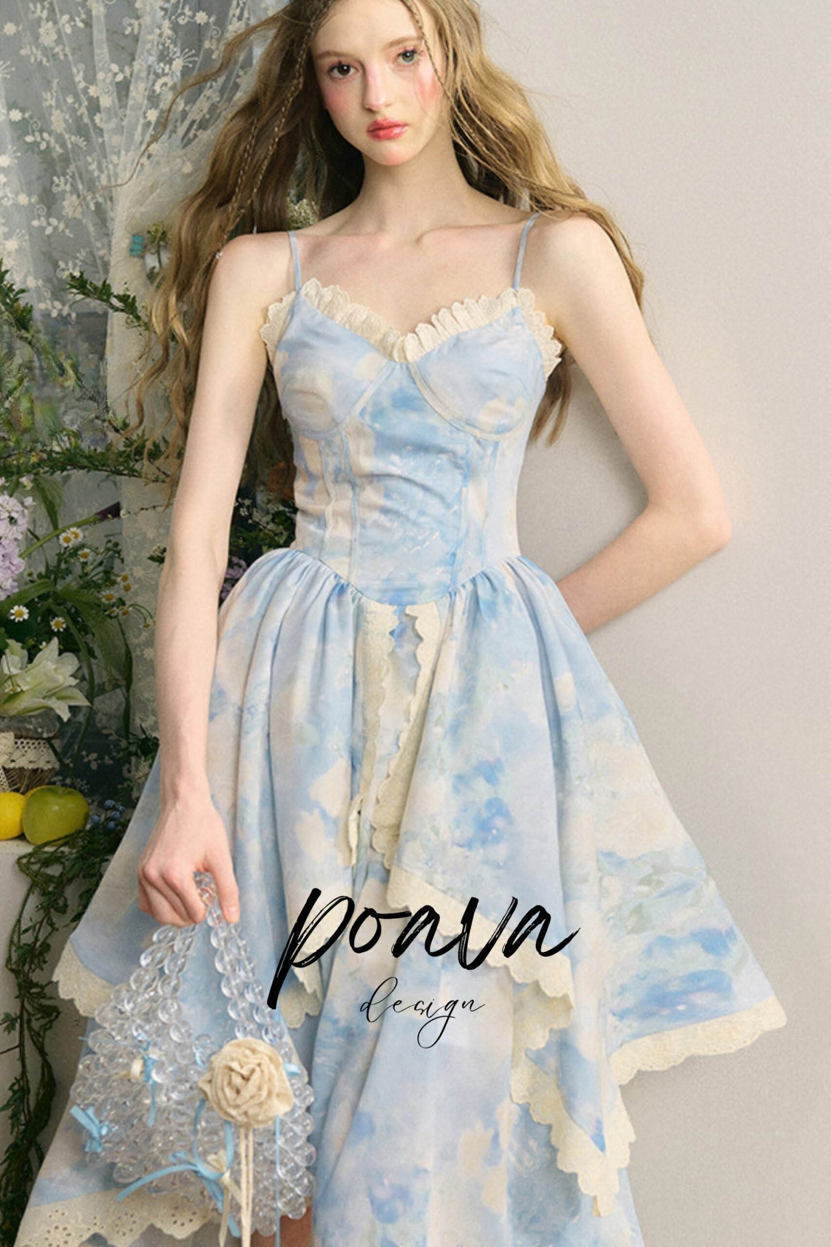 BLUE LACE FLORAL MIDI DRESS FOR WEDDING GUEST