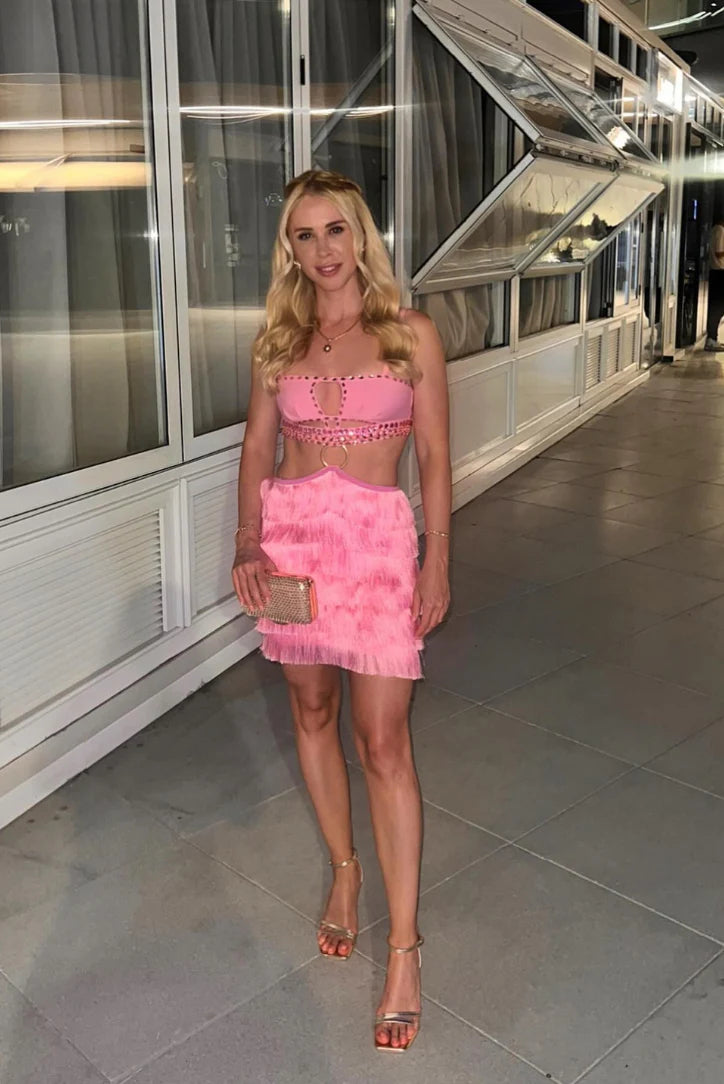 PINK RHINESTONE CUTOUT FRINGE PARTY DRESS