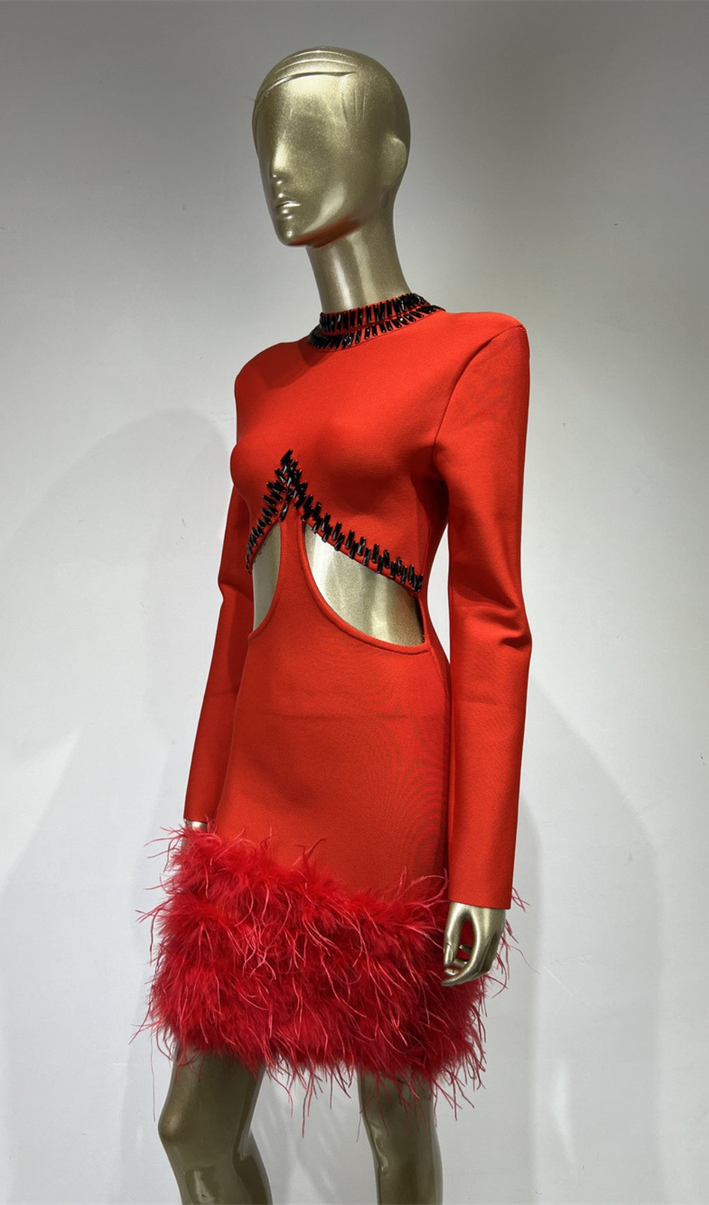 RHINESTONE CUTOUT FEATHER BANDAGE DRESS RED
