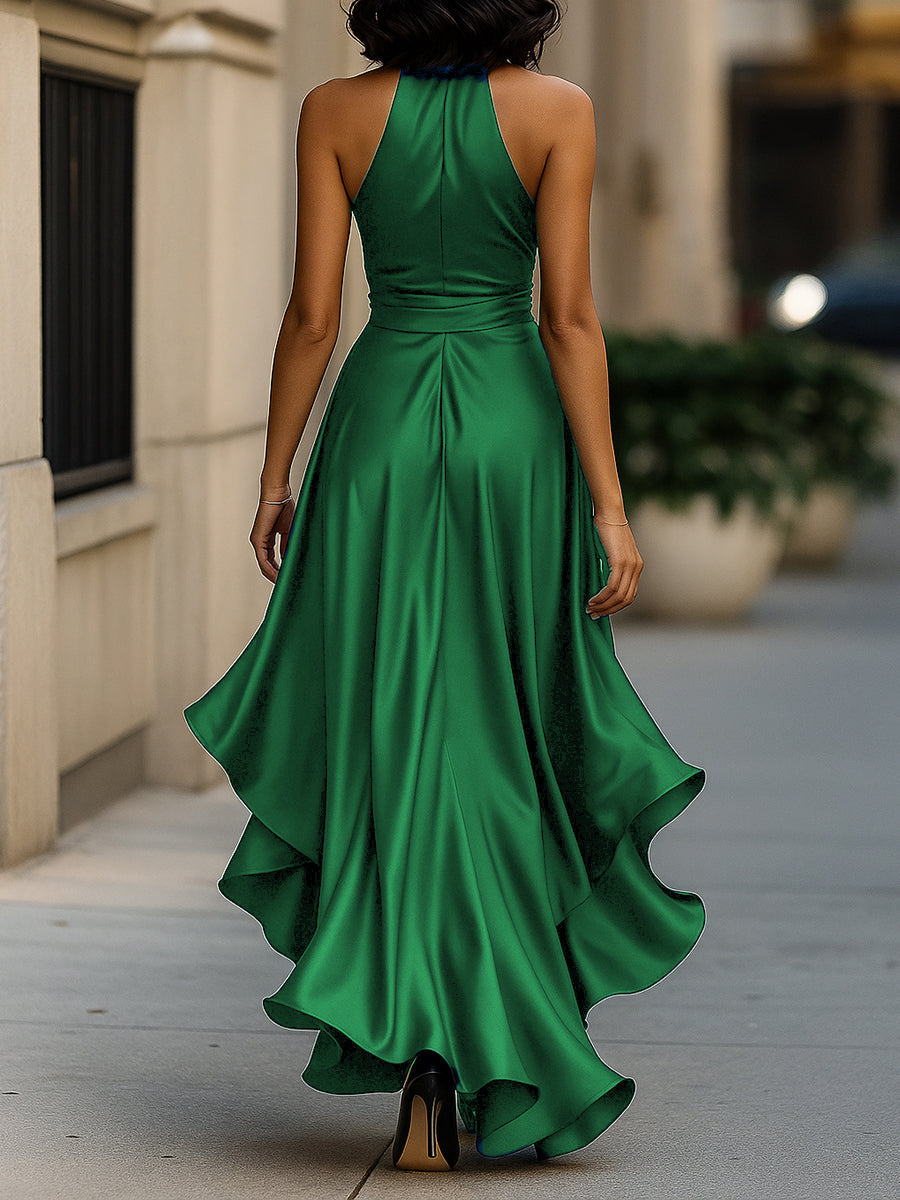 MIDNIGHT SATIN HALTER RUFFLE GOWN