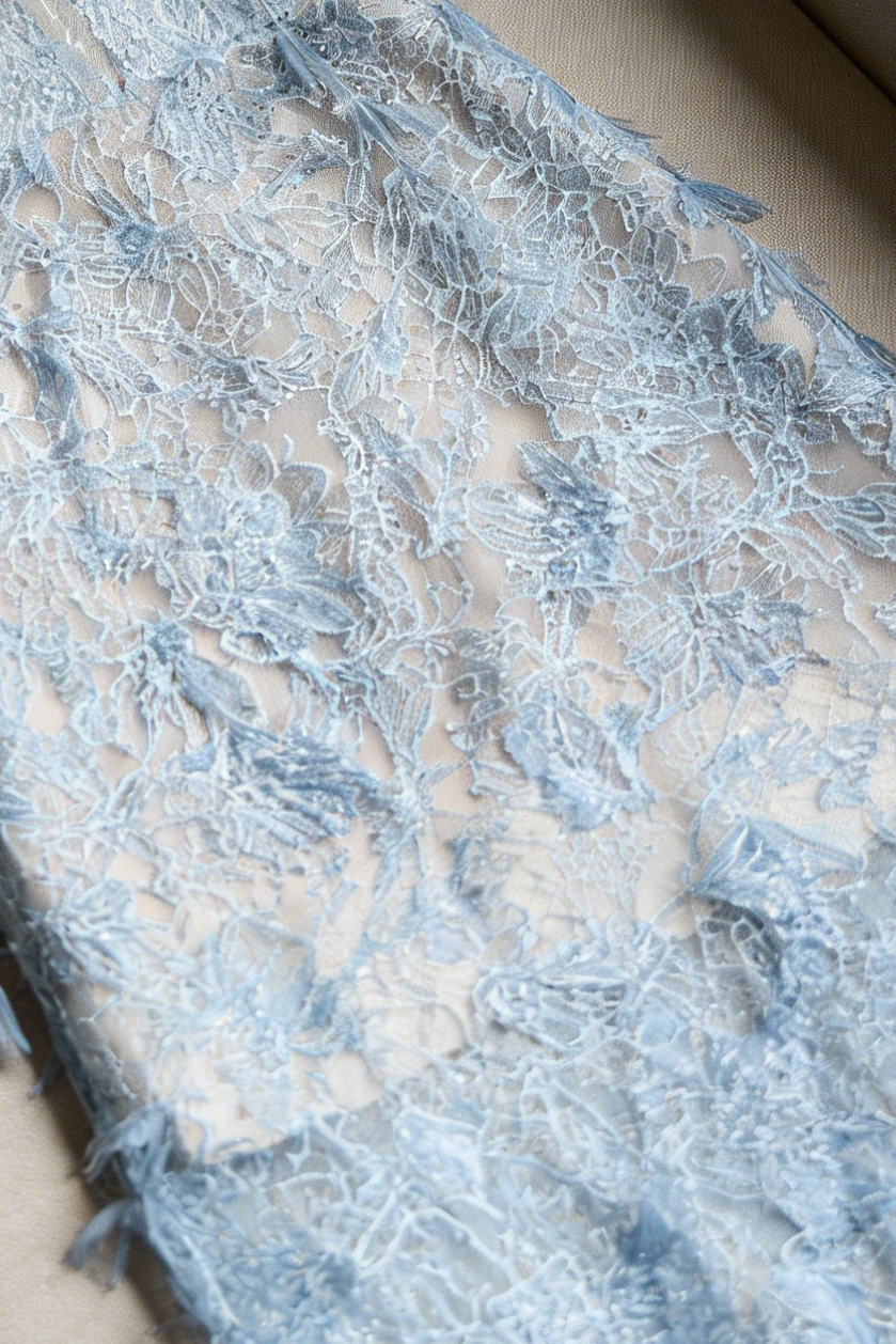 BLUE BEADED LACE PENCIL COCKTAIL DRESS