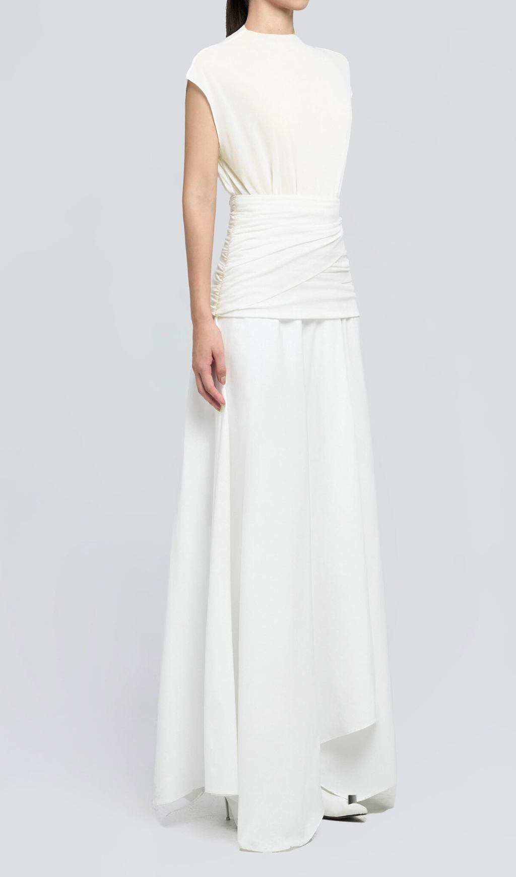 WHITE ASYMMETRIC WAIST CROSS PLEATED MIDI DRESS