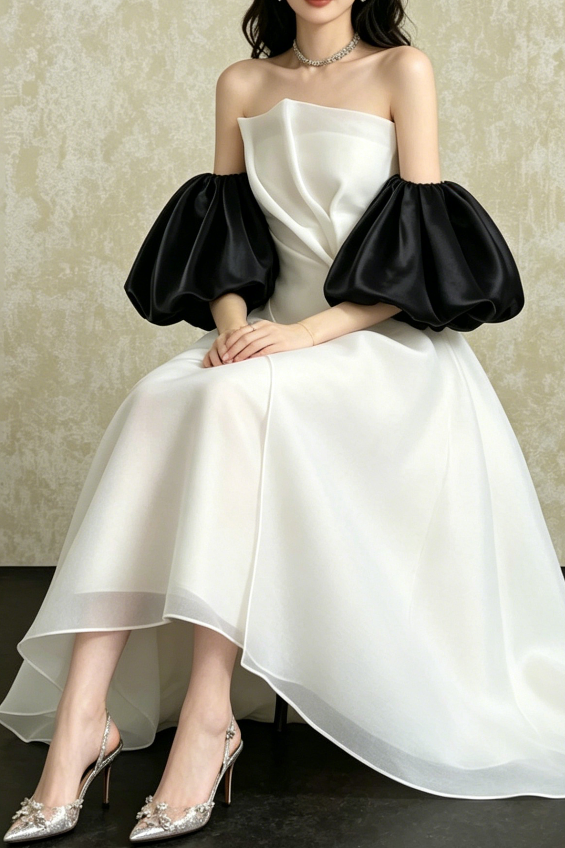 STRAPLESS PUFF SLEEVE ORGANZA MIDI DRESS, WHITE