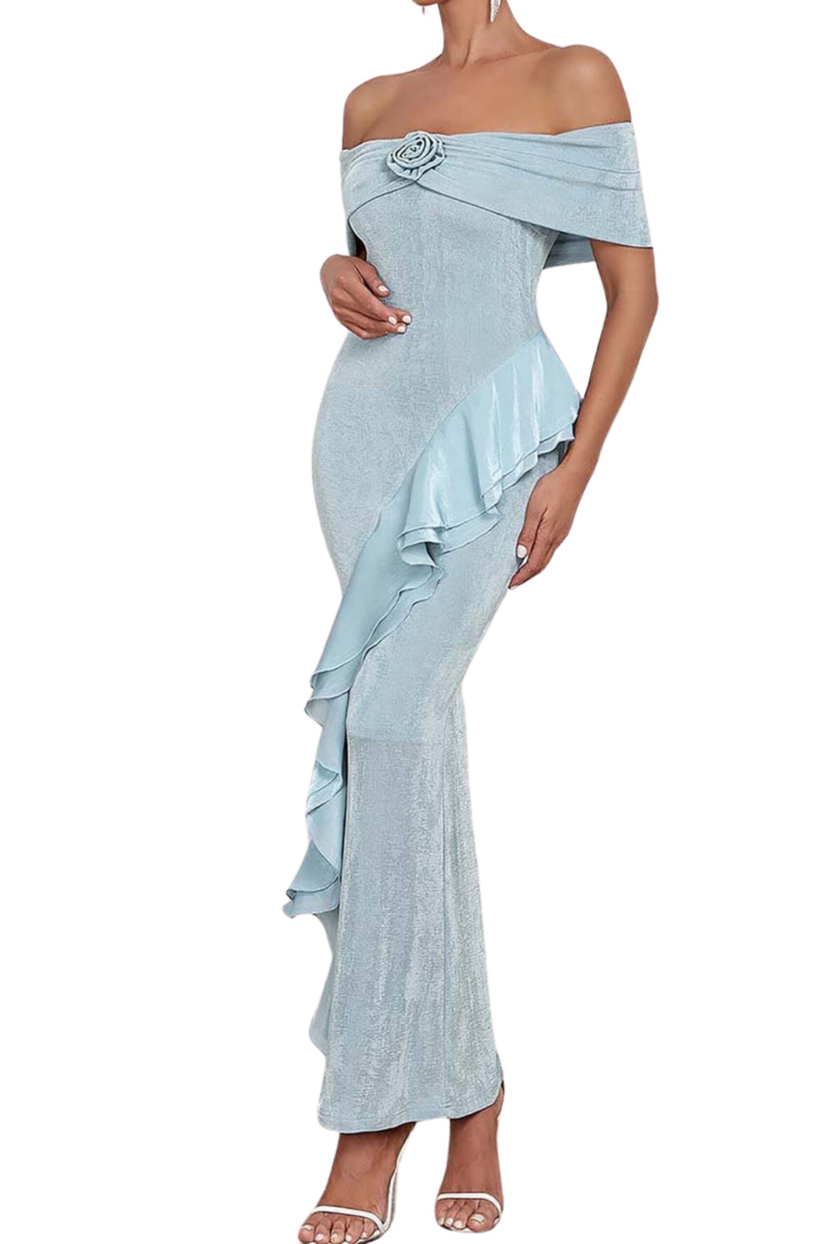 OFF SHOULDER RUFFLED MAXI DRESS IN TINGED BLUE