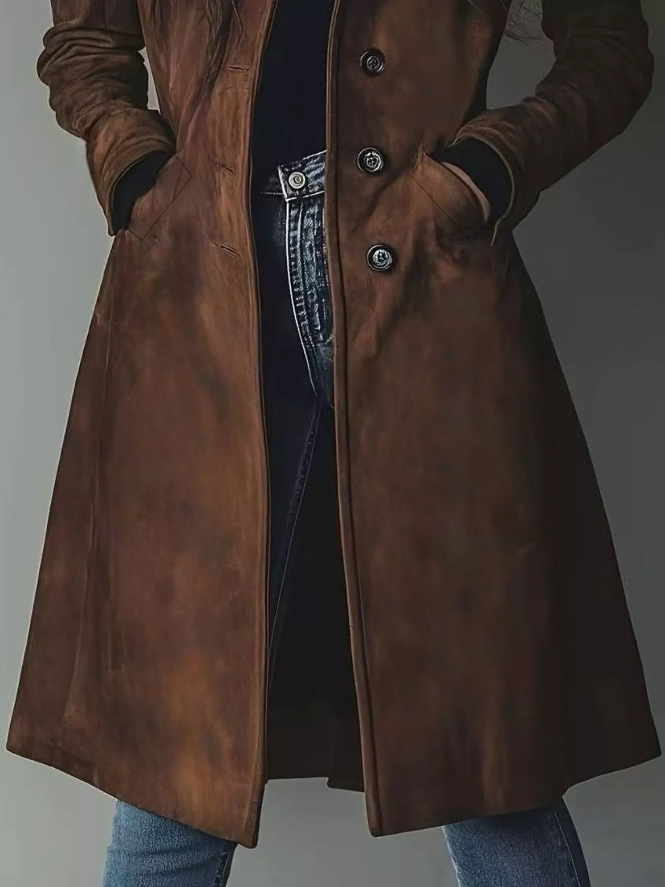 CLASSIC LONG TRENCH COAT, BUTTON FRONT, WORK STYLE