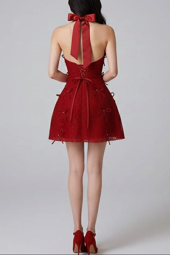 RED LACE HALTER BACKLESS MINI DRESS FOR PARTY