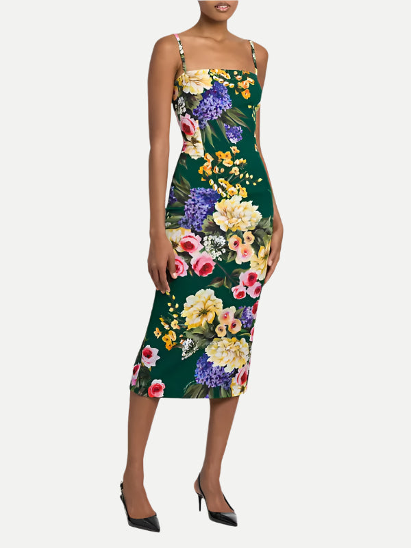 FLORAL GREEN SHEATH MIDI DRESS FOR WEDDING