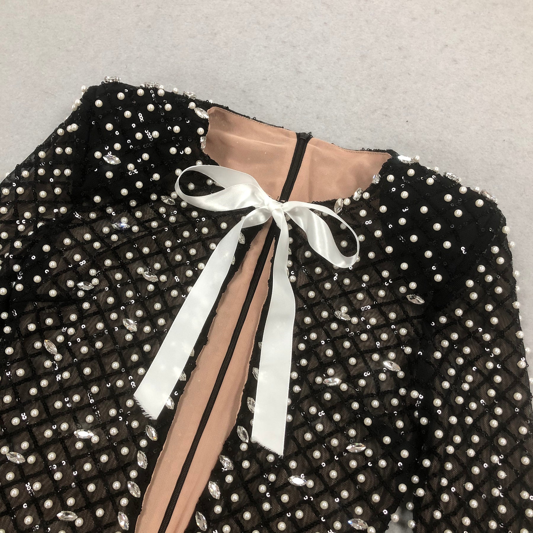PEARL BOW CUTOUT MINI DRESS, BLACK COCKTAIL