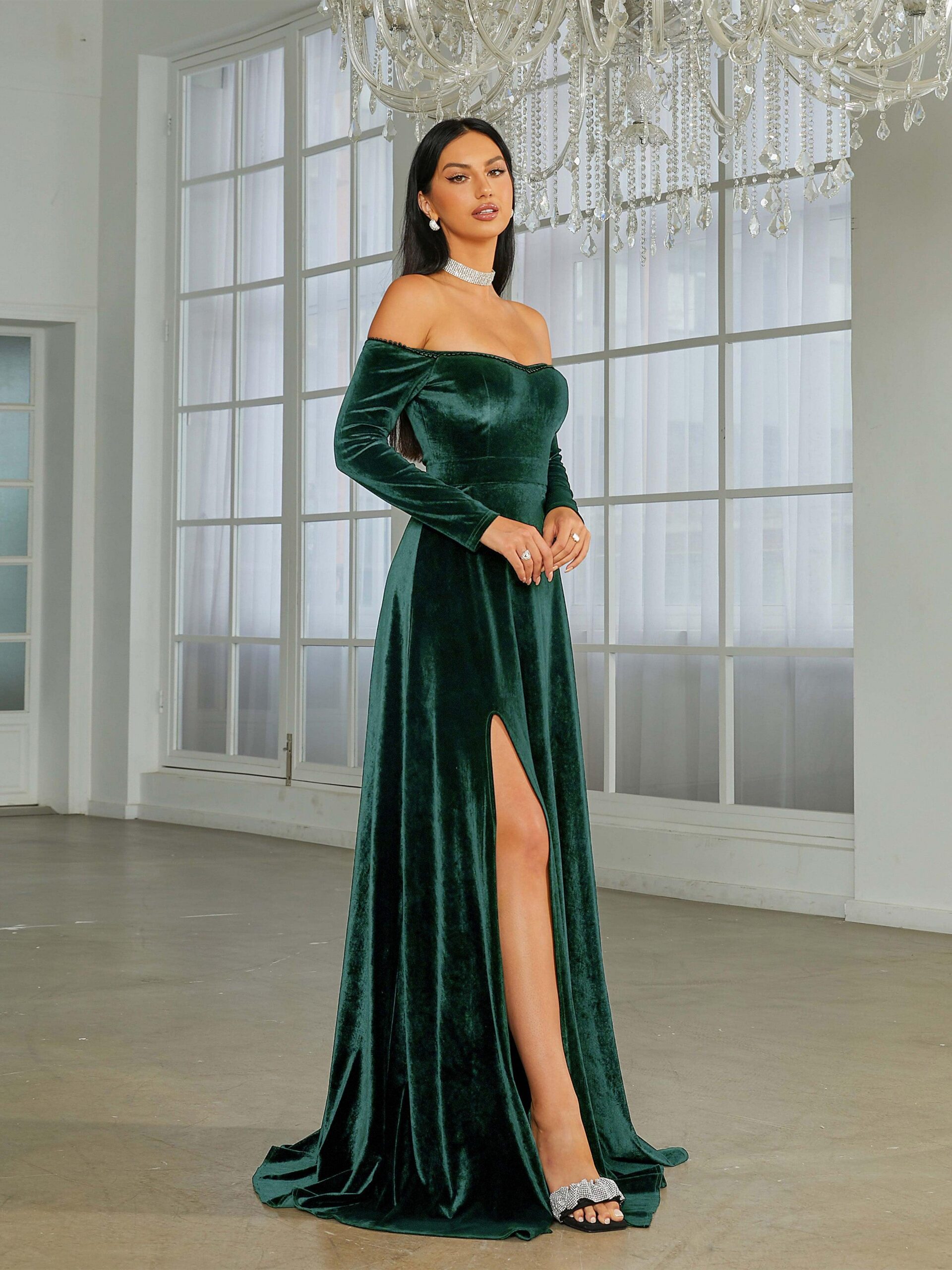 OFF SHOULDER VELVET SPLIT EVENING DRESS