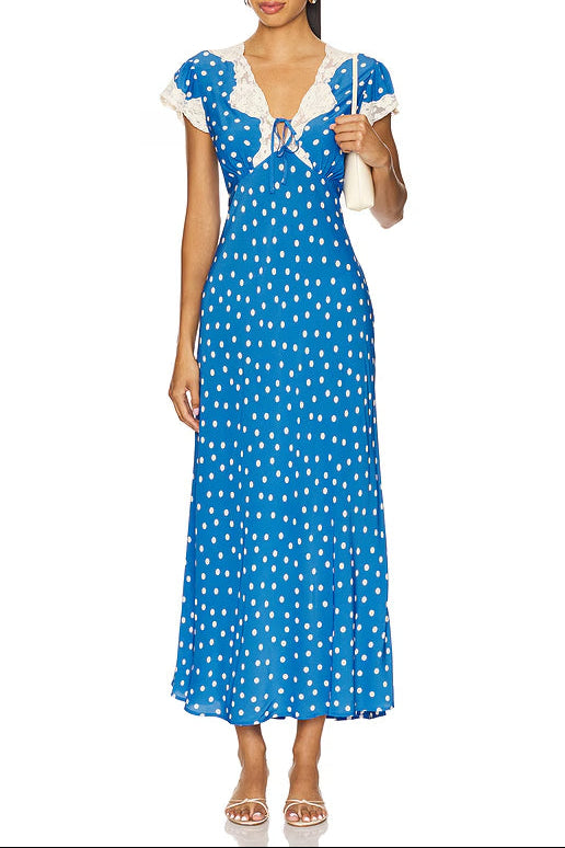 POLKA DOT LACE V-NECK MAXI DRESS IN BLUE