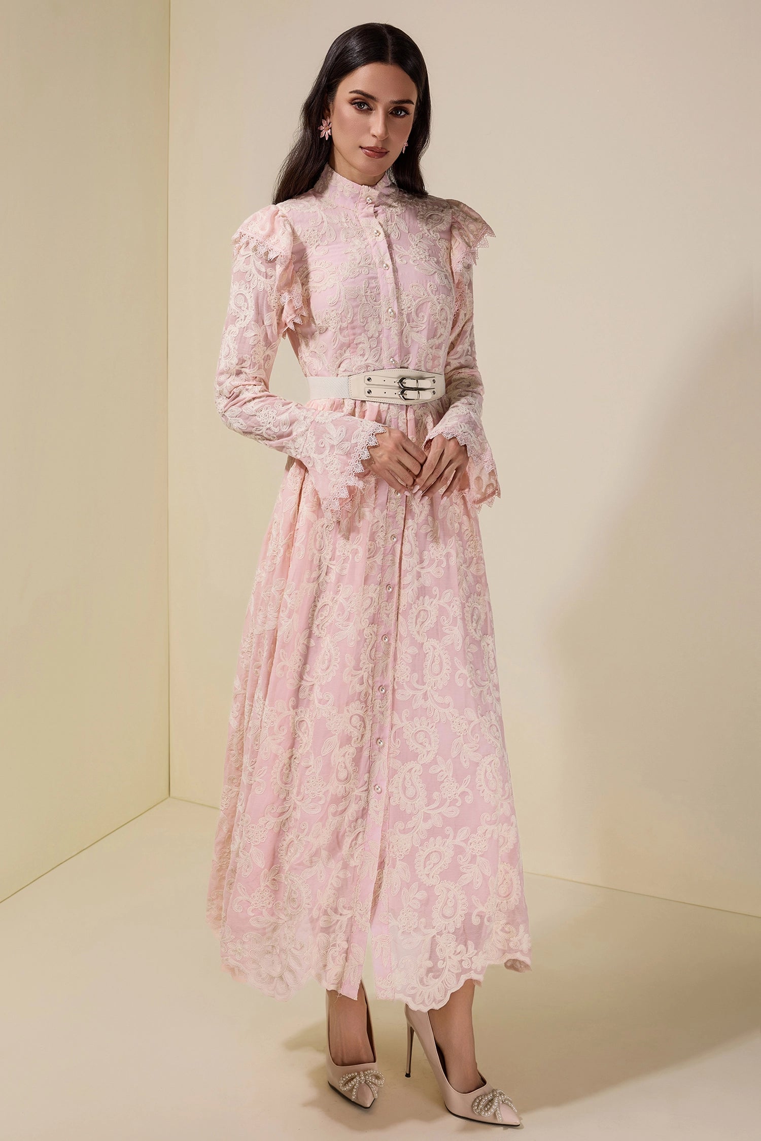 ALMA CHIFFON EMBROIDERED MIDI DRESS, PINK