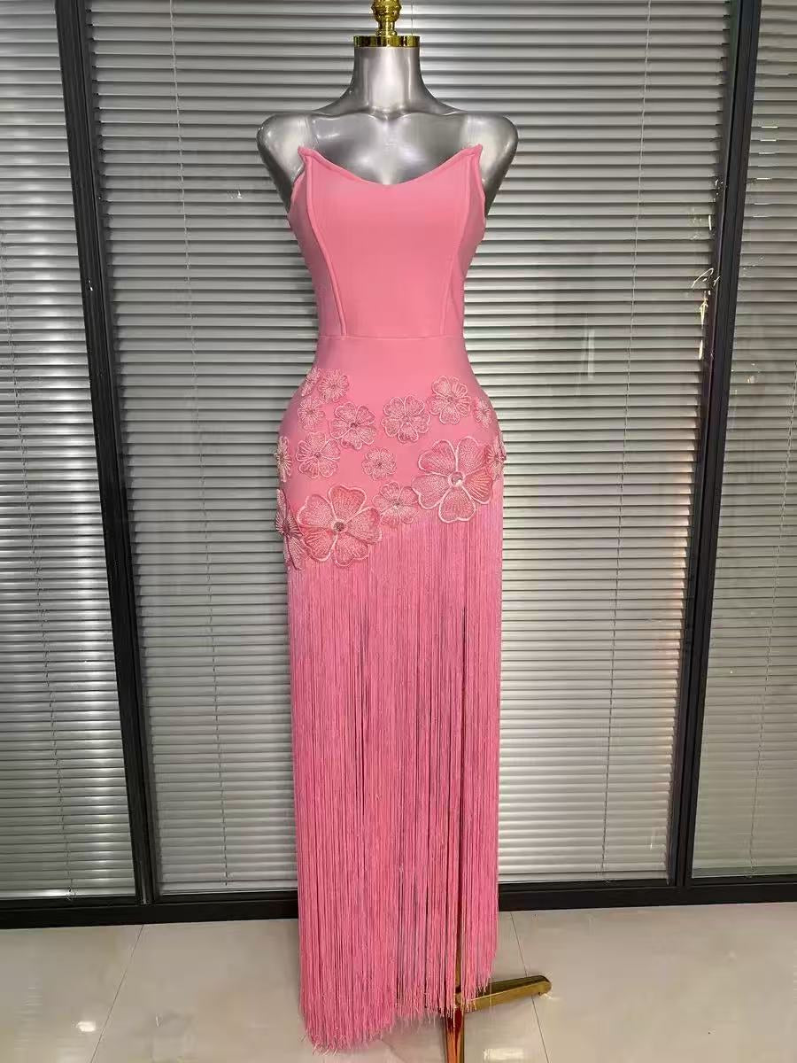 EZGI CHIC CONTOUR STRAPLESS FLORAL FRINGE BANDAGE MAXI DRESS