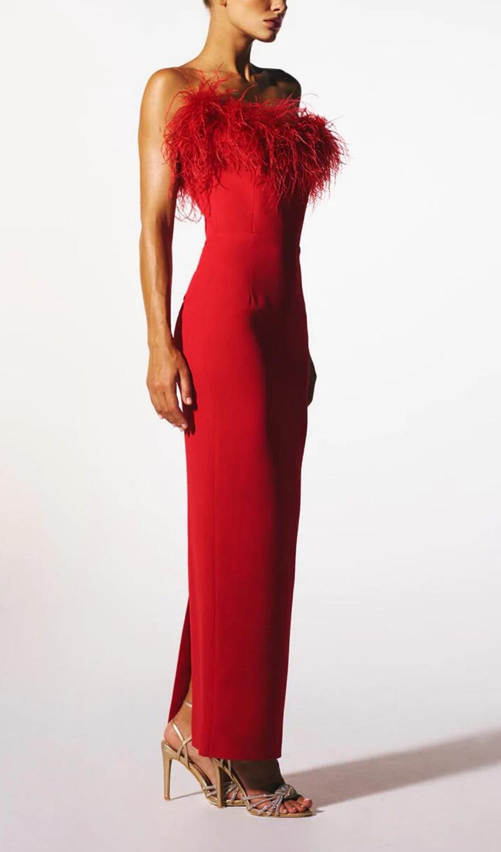 RED STRAPLESS FEATHER GOWN FOR FORMAL OCCASIONS