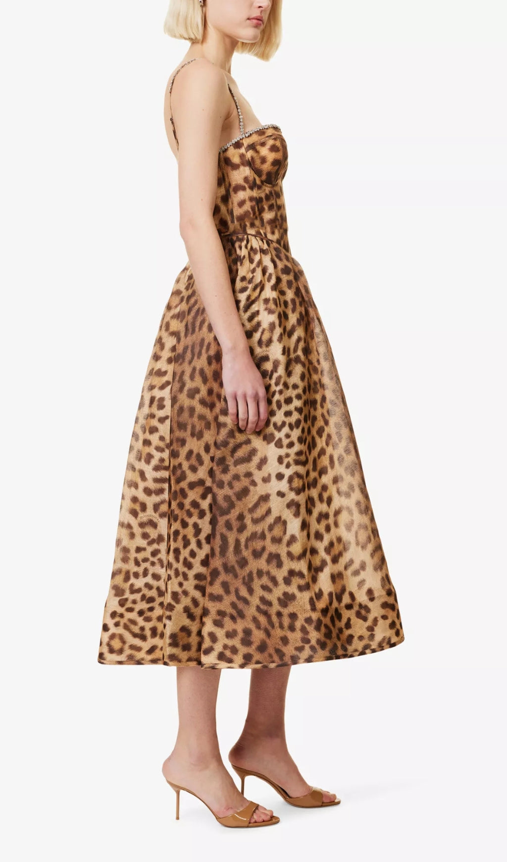 ANIMAL PRINT CRYSTAL BUSTIER A-LINE MIDI DRESS