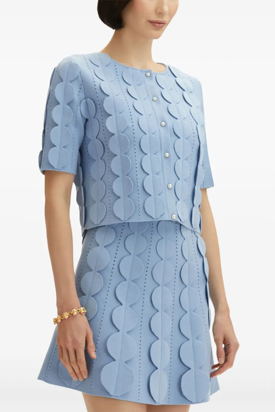 BLUE GEOMETRIC PRINT SKIRT SET, TWO-PIECE CARDIGAN