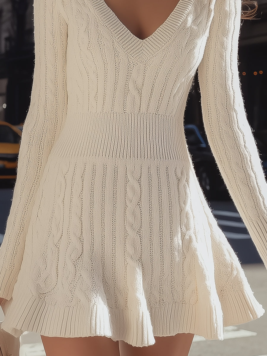 COZY CABLE KNIT V-NECK FLARE SWEATER DRESS