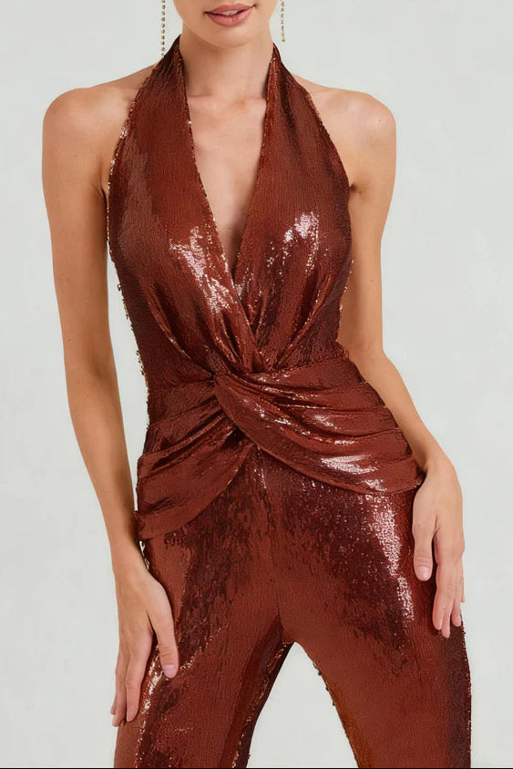 NORA BROWN SEQUIN HALTER FLARED JUMPSUIT