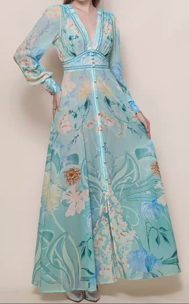 ZANNA SILK FLORAL V-NECK MAXI DRESS