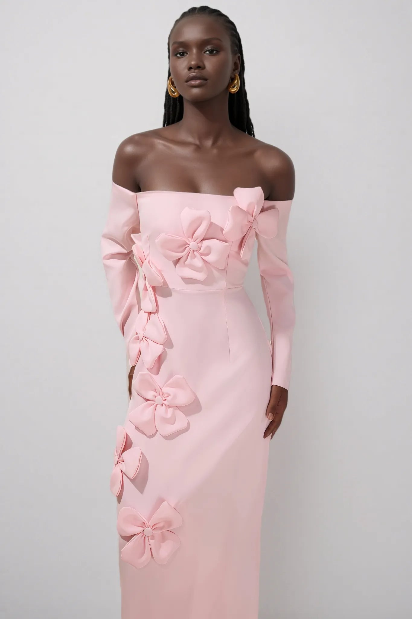 HILARY PINK 3D FLOWER STRAPLESS MIDI DRESS
