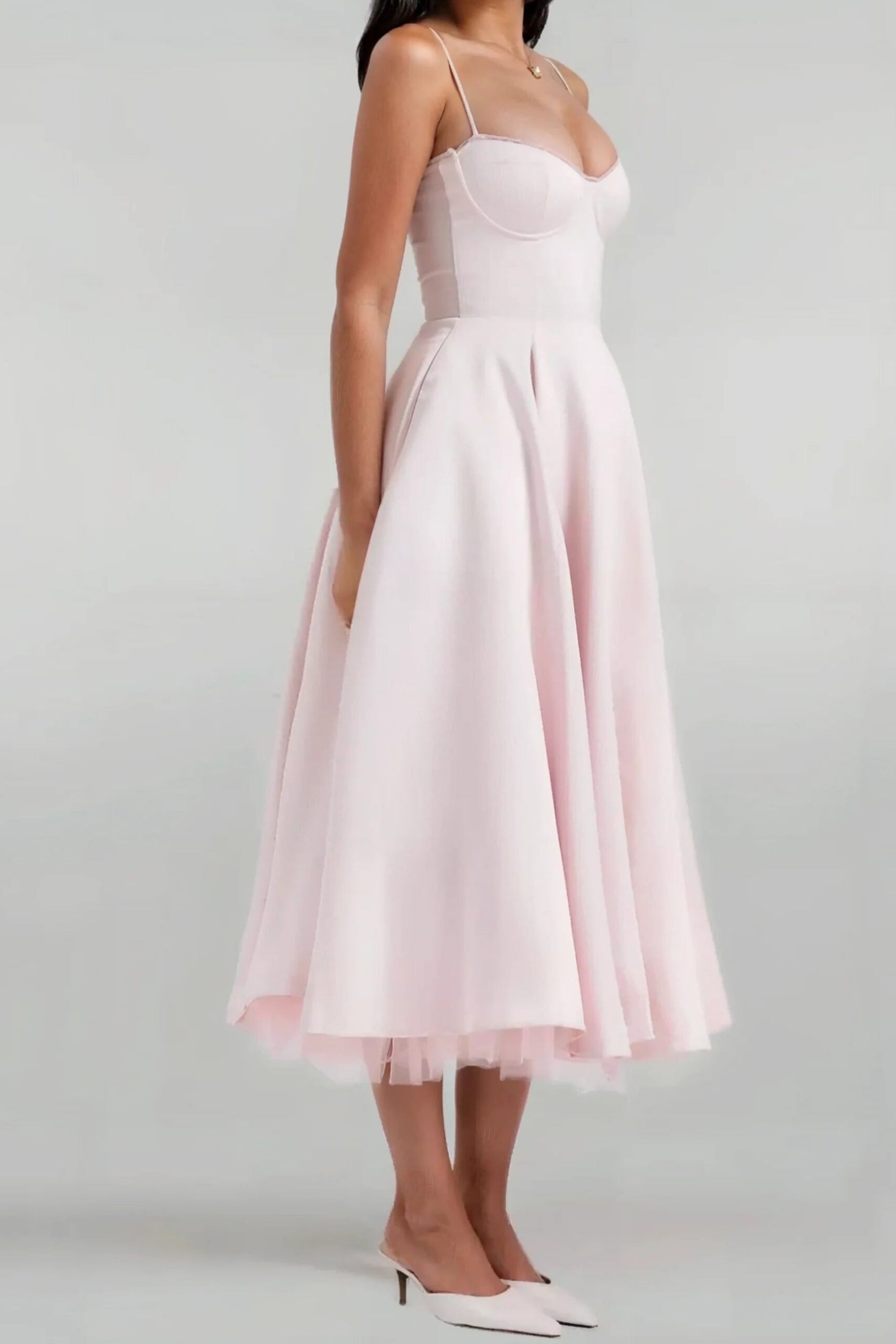 SATIN CORSET TULLE A-LINE MIDI DRESS - BABY PINK