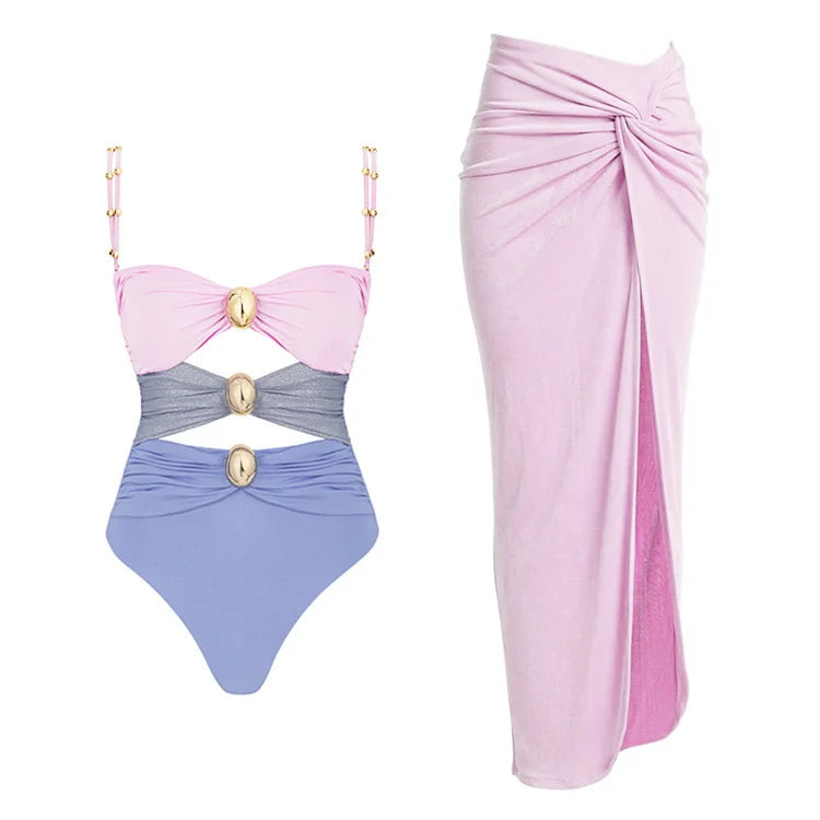COLORBLOCK ONE-PIECE SWIMSUIT WITH SARONG COVER-UP