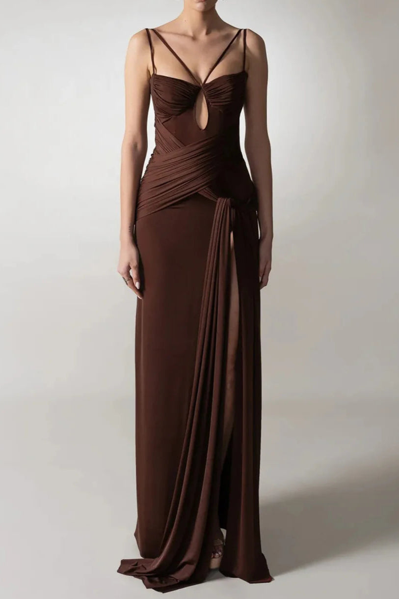 7d299a30-6c2f-4042-9404-5e7f7c2ad509 BROWN PLEATED STRAPY DRAPED SLIT MAXI DRESS
