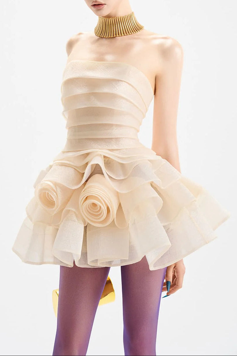 CORAL OFF-SHOULDER LAYER TRIM FLOWER MINI DRESS