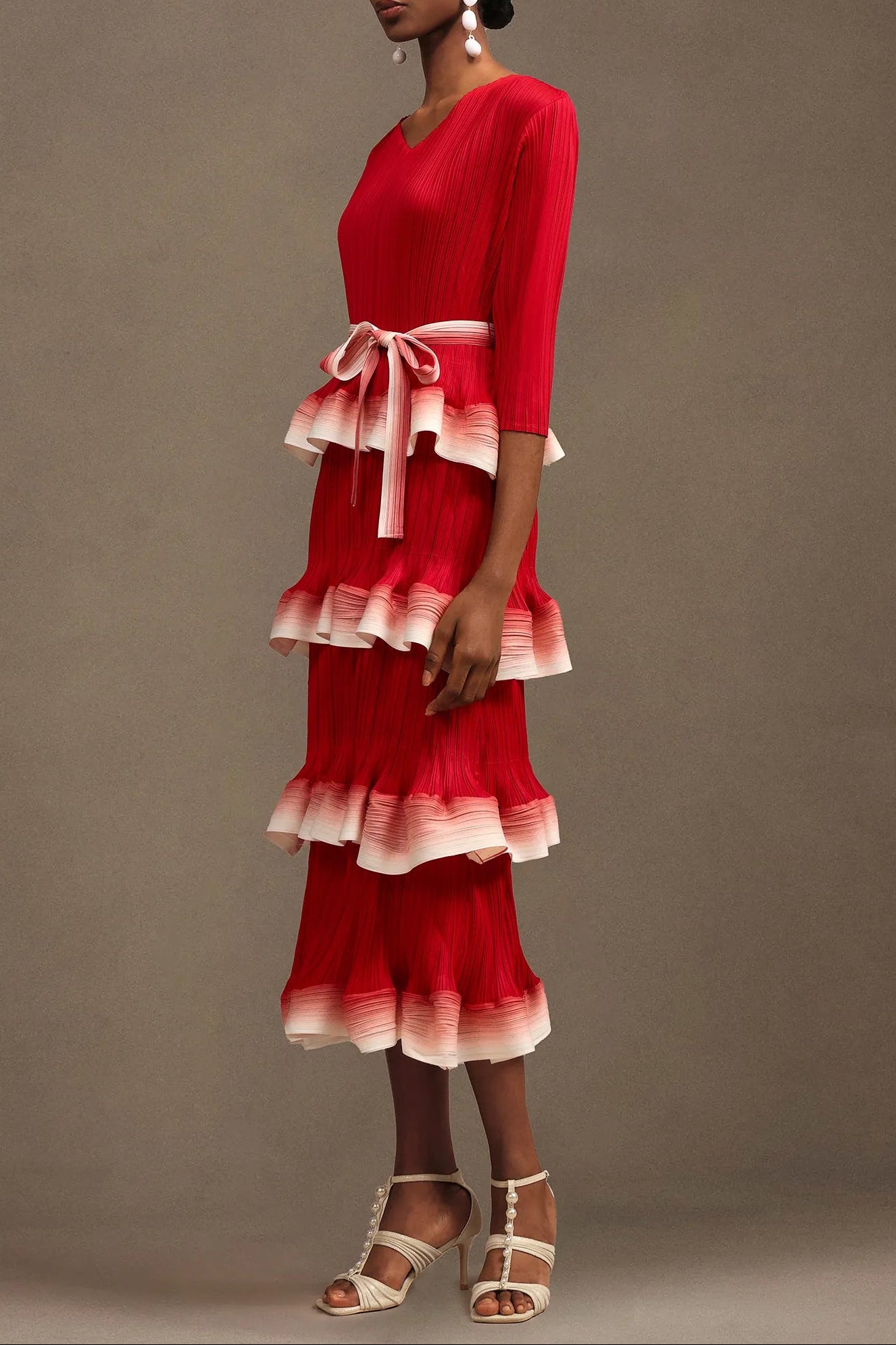 VICTORIA RED FALBALA PLEATED MAXI DRESS