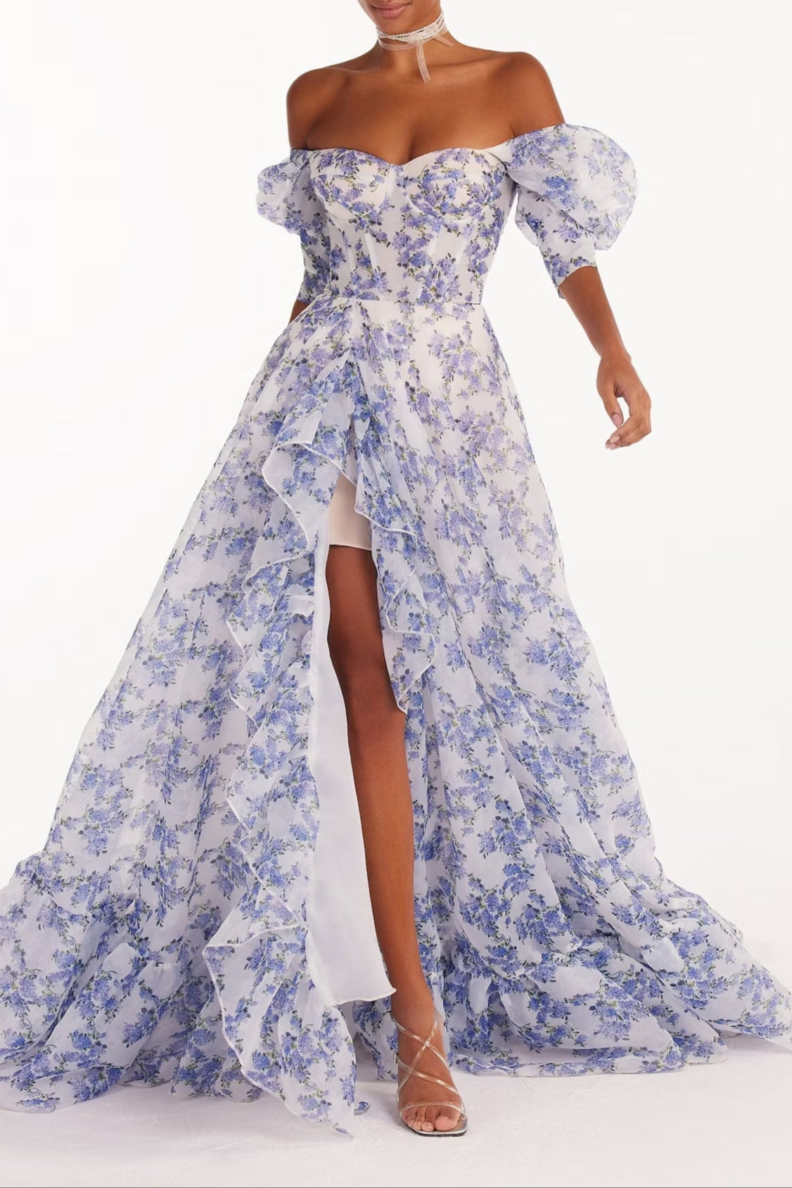 BLUE HYDRANGEA MAXI PRINCESS DRESS, A-LINE, WEDDING GUEST