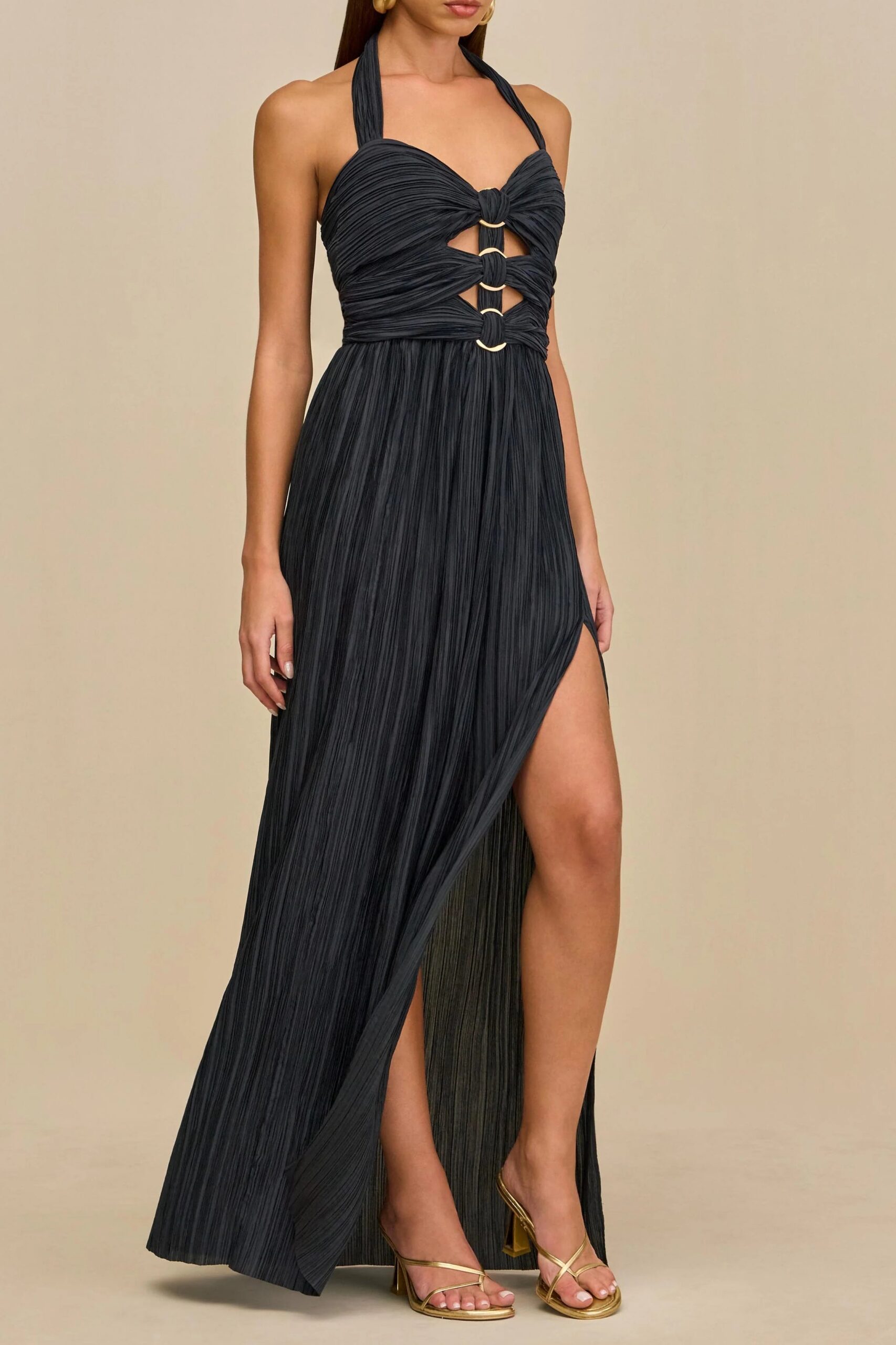 NAVY BLUE HALTER PLEATED CUTOUT MAXI DRESS