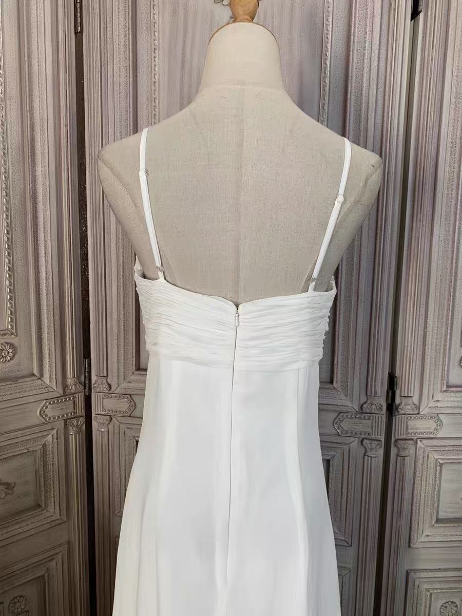 WHITE BEADED CHIFFON EMPIRE WAIST EVENING GOWN
