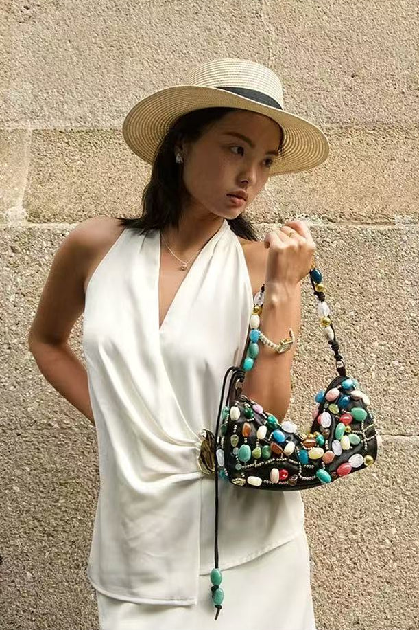 BEADED CRESCENT SHOULDER BAG – COLORFUL STONE EVENING PURSE