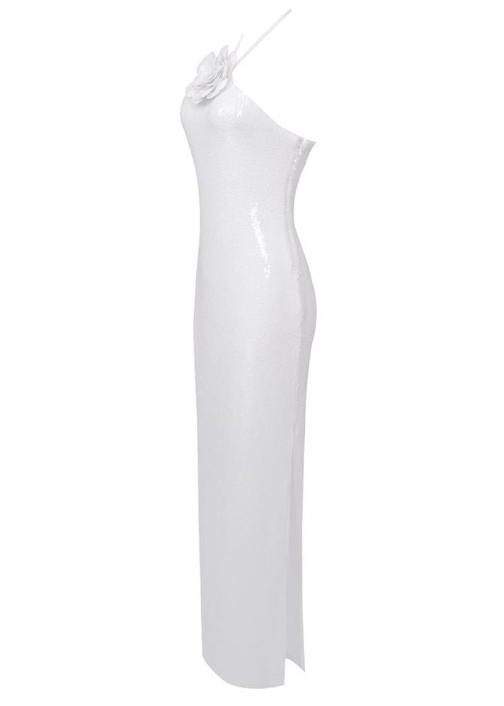 ANILA GLITTER ROSETTE HALTER MAXI DRESS WHITE