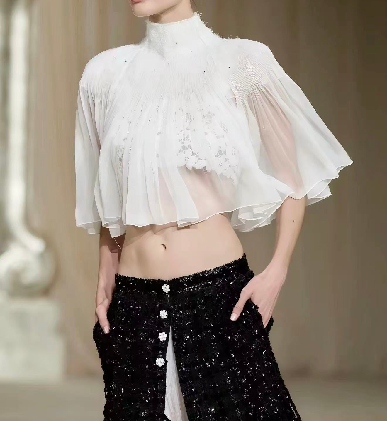 WHITE LACE CAMI & SHEER CHIFFON CAPELET SET