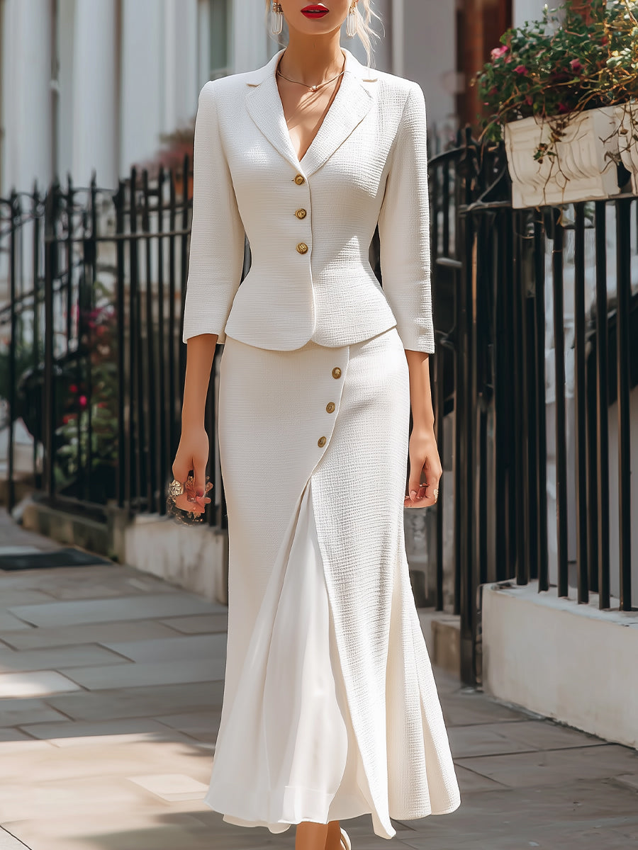 7eec71e62b115698cb0b7e7dc8f97965 ELEGANT TEXTURED BLAZER MIDI SKIRT SET