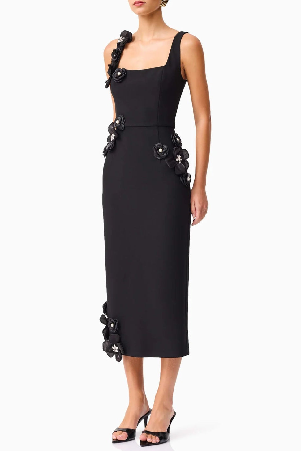 SABRINA 3D FLOWER BLACK MIDI DRESS FOR WEDDING