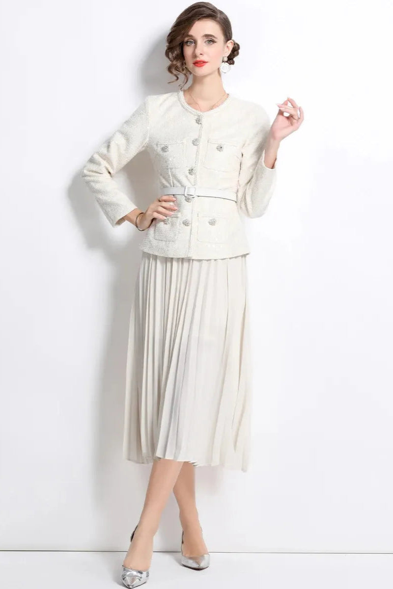 CREAM SEQUIN BOUCLE TAILORED MIDI DRESS FOR EVENTS