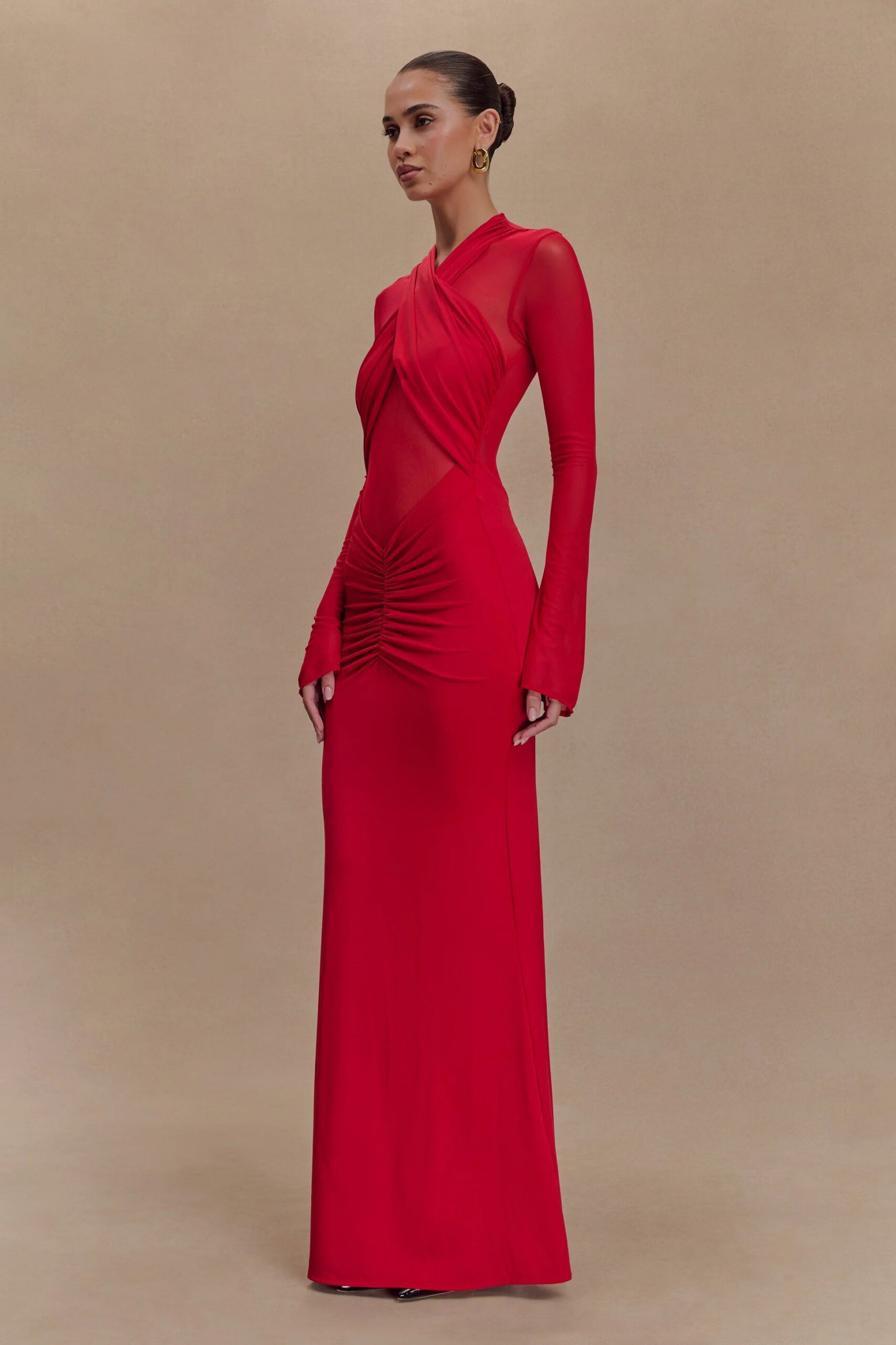 SLINKY MESH MAXI DRESS IN RUBY