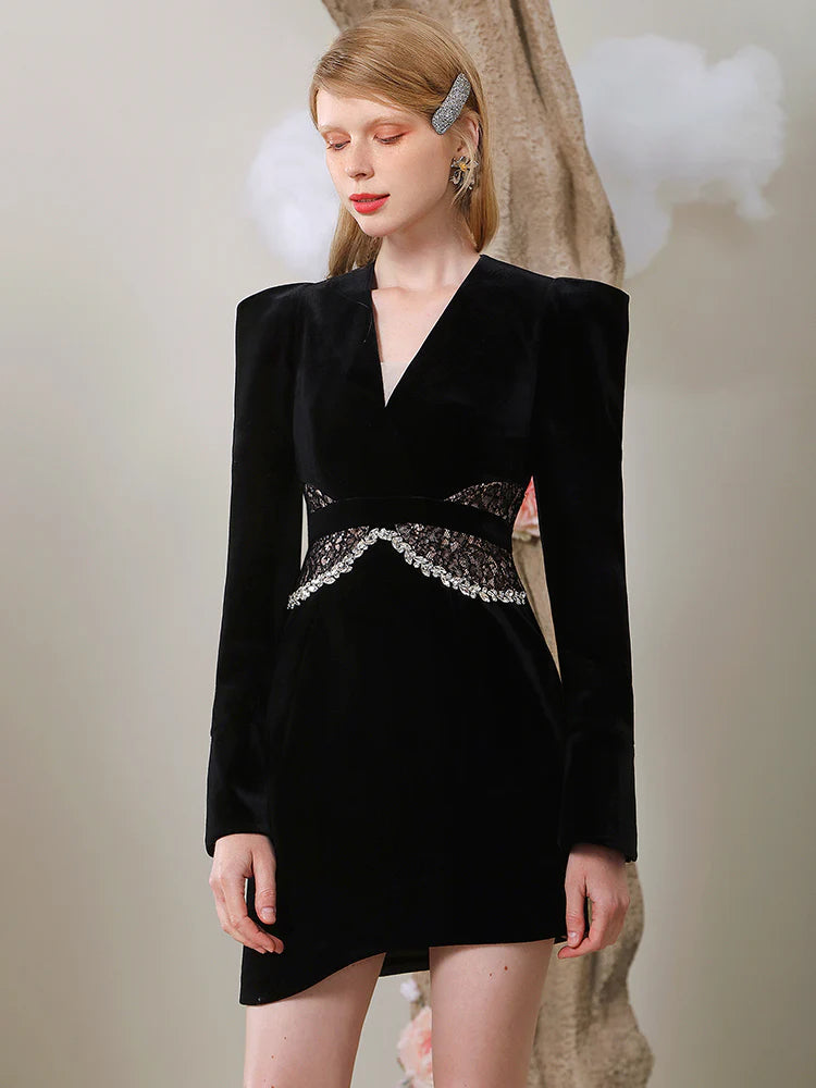 BLACK LACE V-NECK ASYMMETRY MINI BLAZER DRESS