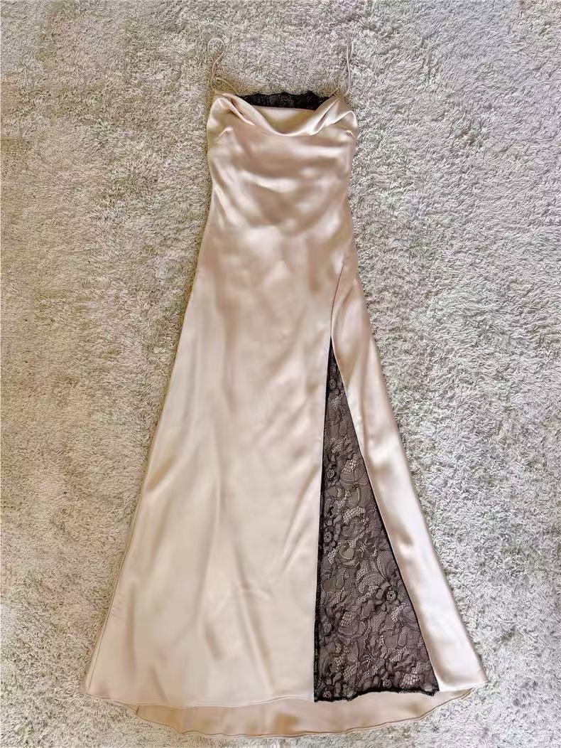 CHAMPAGNE SATIN COWL NECK LACE SPLIT MIDI DRESS
