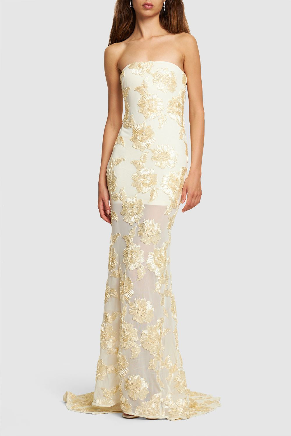 EMBROIDERED STRAPLESS APRICOT GOWN, FORMAL