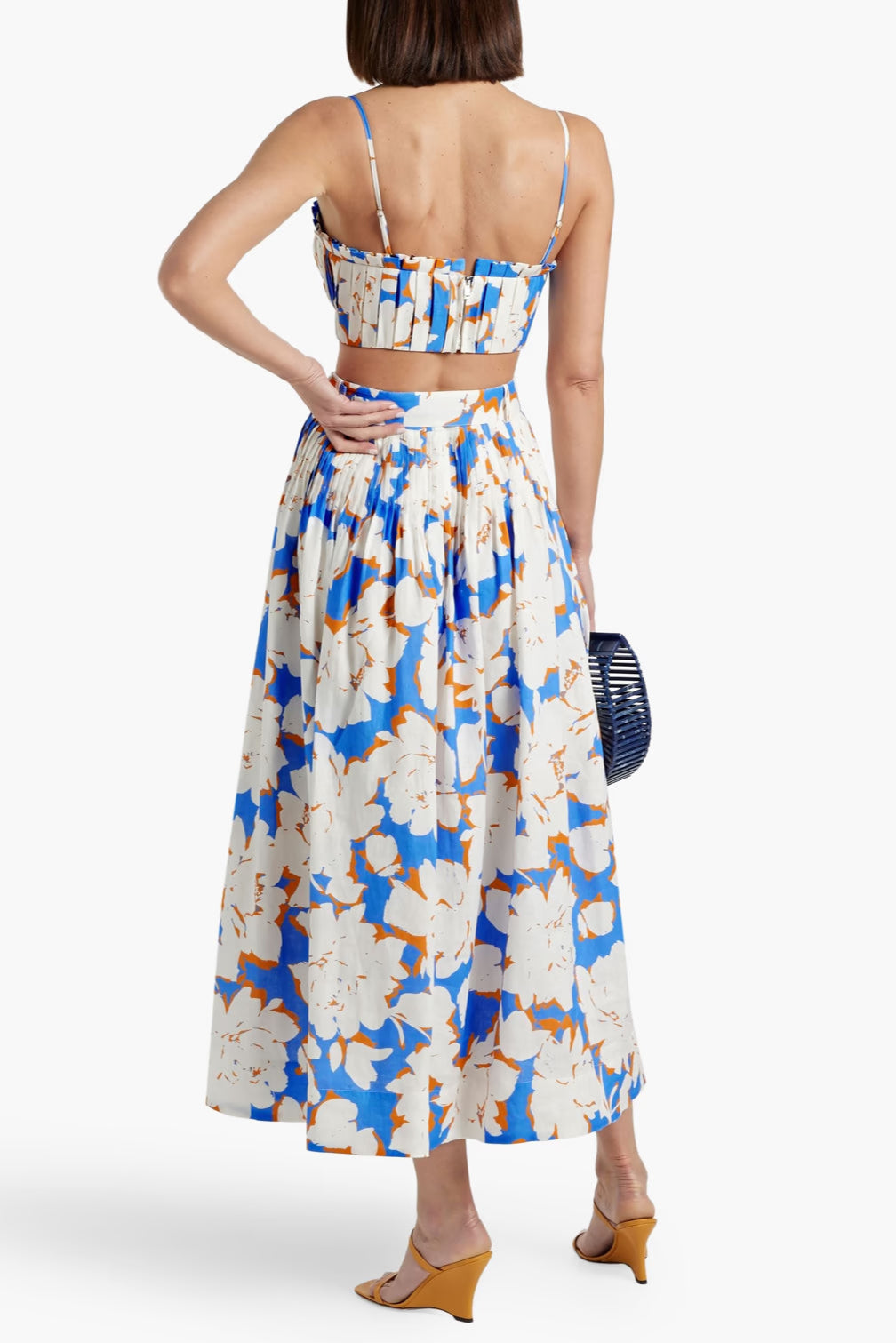 PLEATED FLORAL BUSTIER TOP & SKIRT SET, BLUE, BEACH