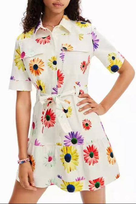 WHITE MULTI DAISY PRINT SHIRT DRESS WITH BELT