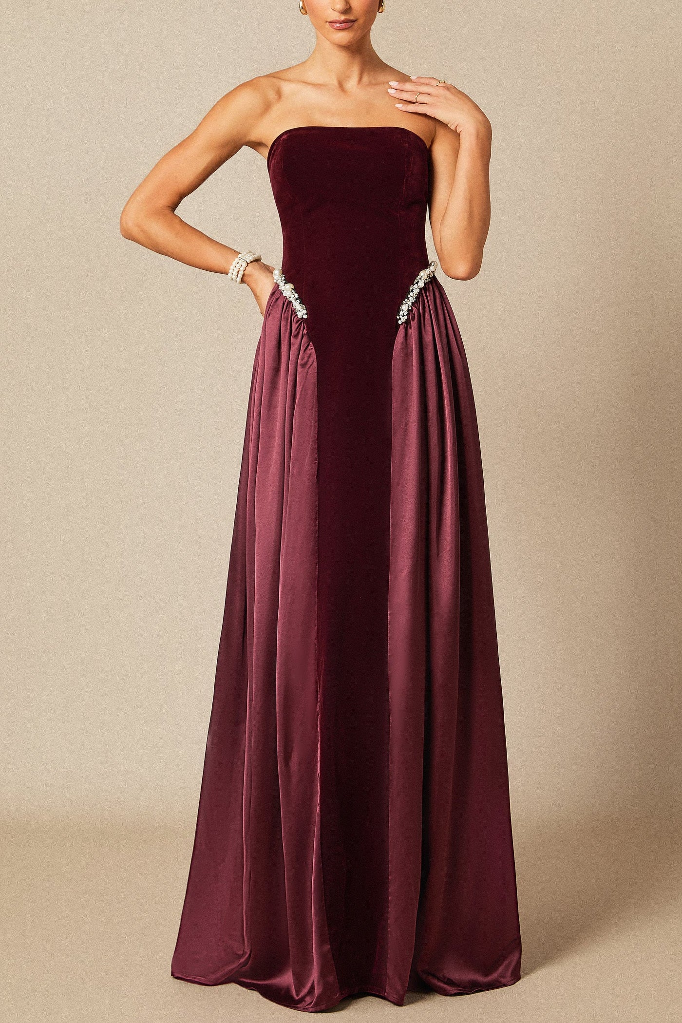 SAMANTHA BURGUNDY PEARL EMBROIDERED STRAPLESS MAXI DRESS