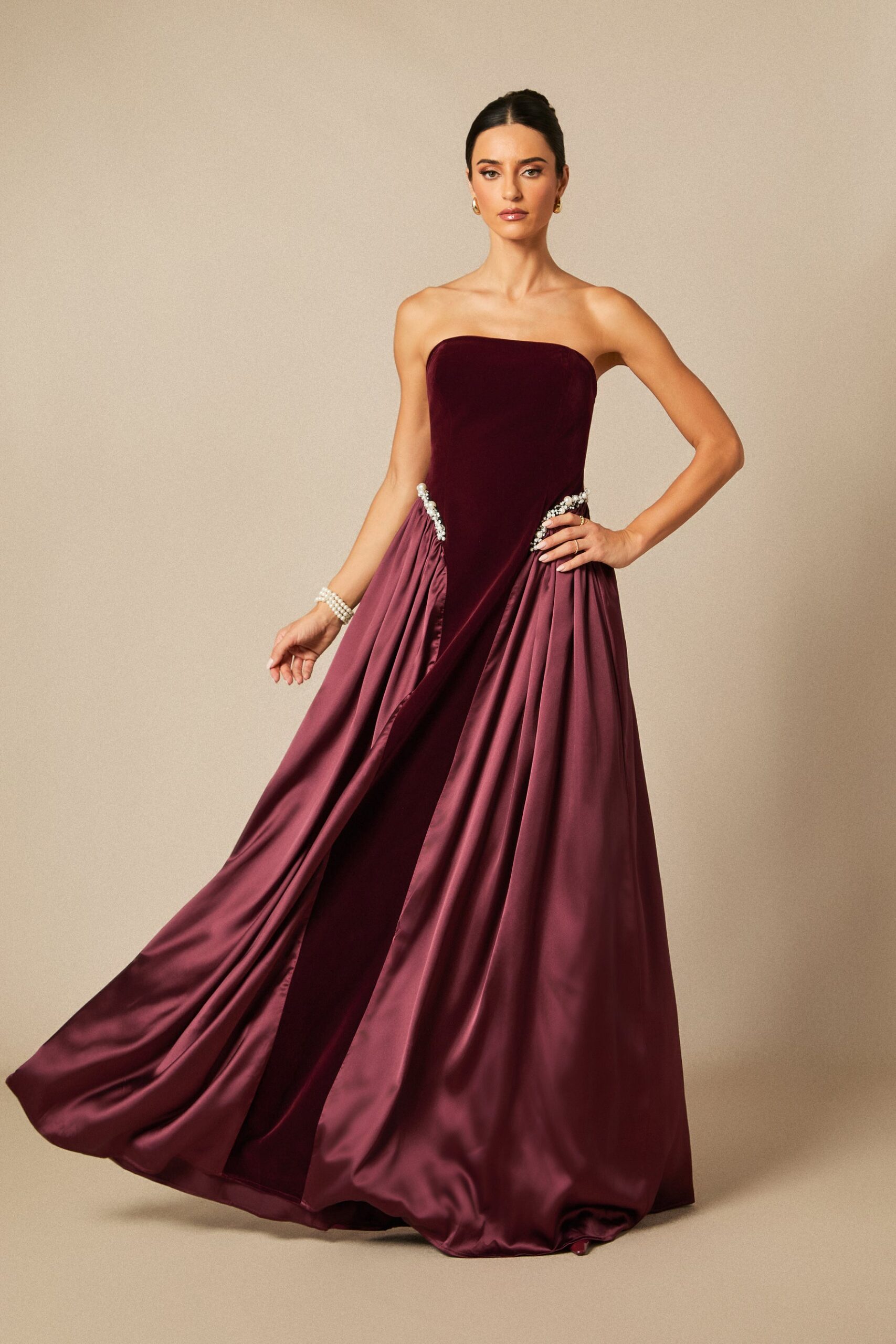 SAMANTHA BURGUNDY PEARL EMBROIDERED STRAPLESS MAXI DRESS