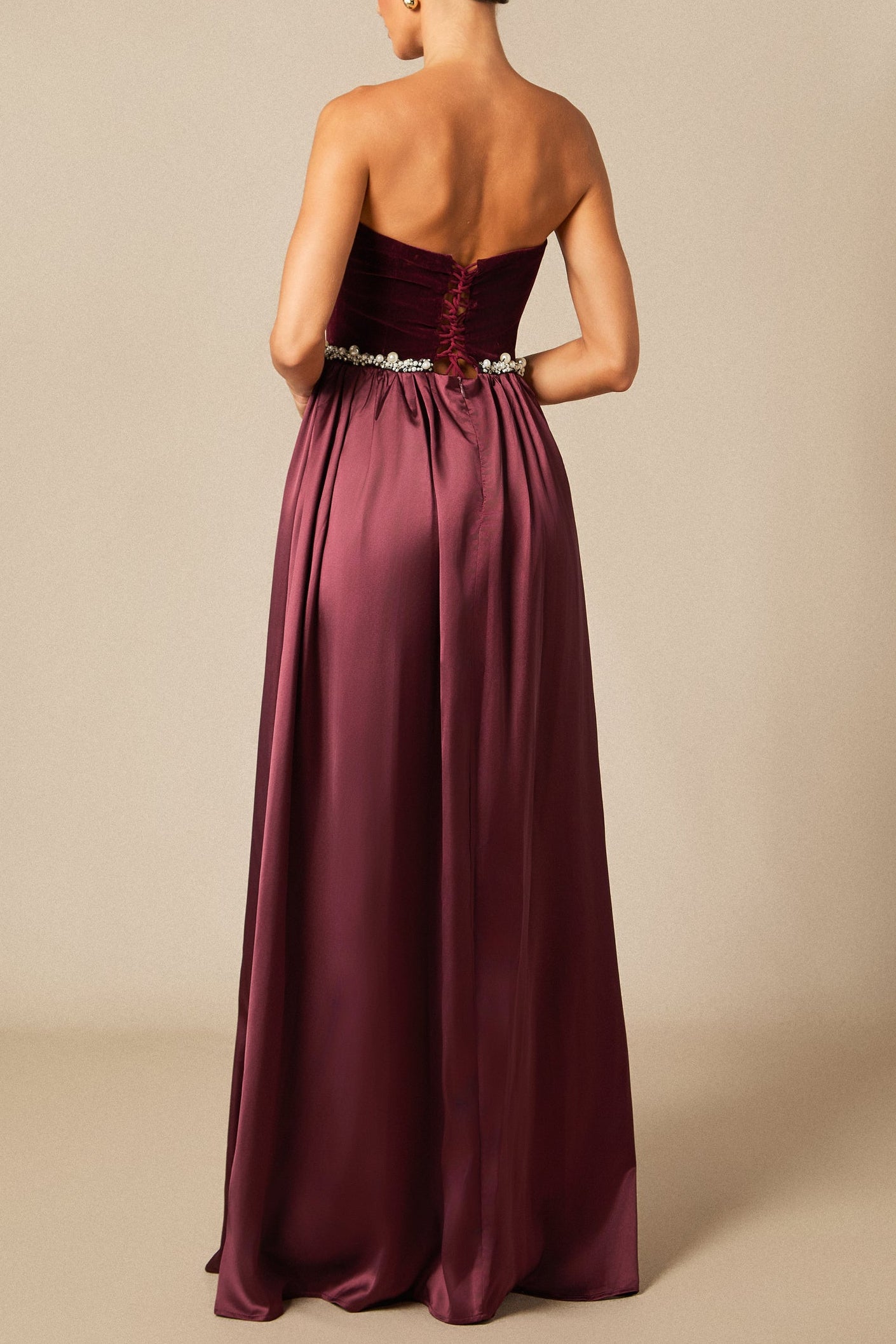 SAMANTHA BURGUNDY PEARL EMBROIDERED STRAPLESS MAXI DRESS